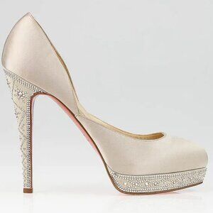 Spectacular Christian Louboutin EUGENIE STRASS Nude Satin Pumps SWAROVSKI